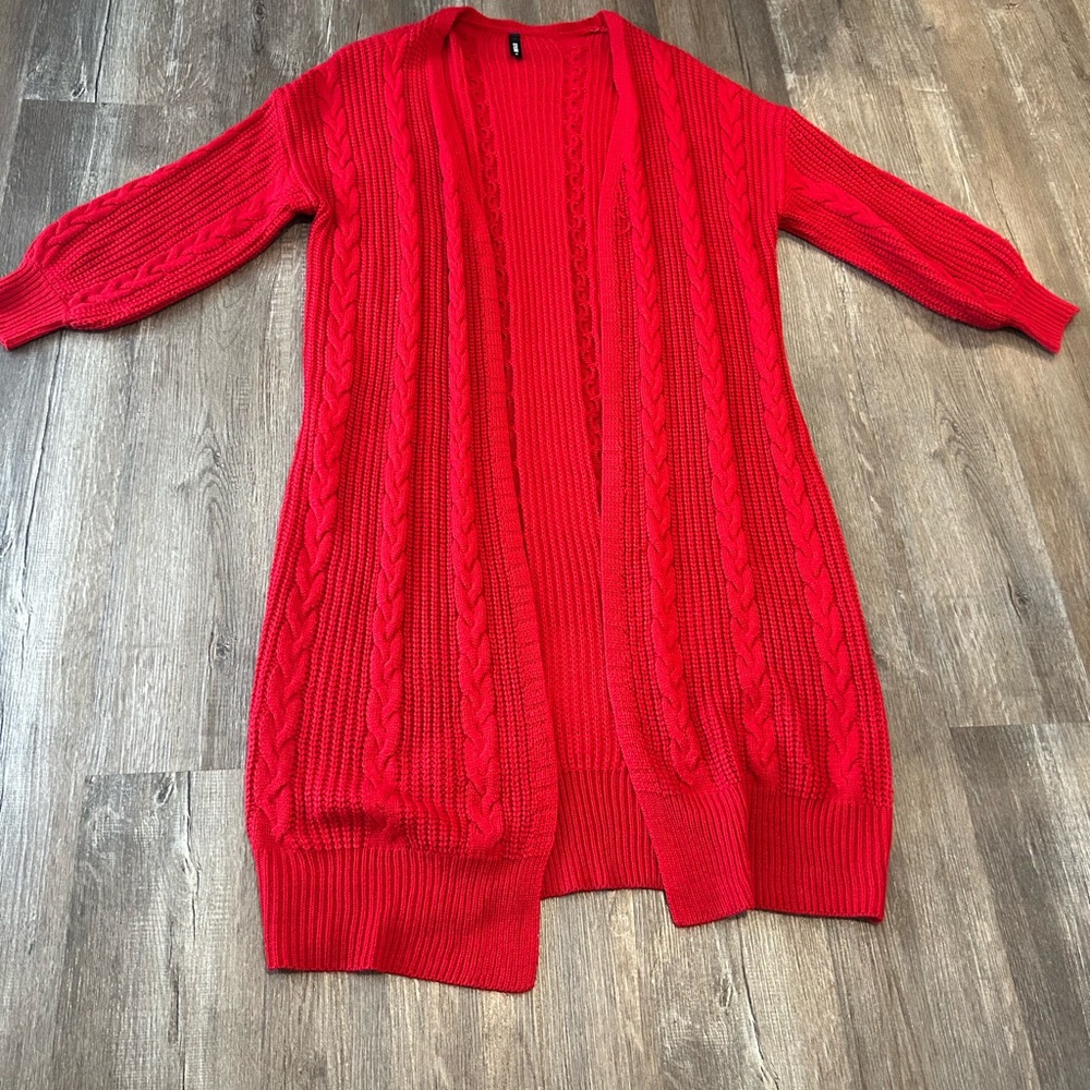 Red Cable Knit Open Front Maxi Stylewe Cardigan Sweater